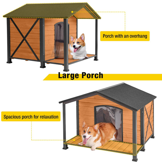 MEDEHOO Anti-Chewing Outdoor Dog House with Iron Frame, 41.4"D Weatherproof Wooden Dog Kennels with Large Porch for Outdoor &amp; Indoor, Brown