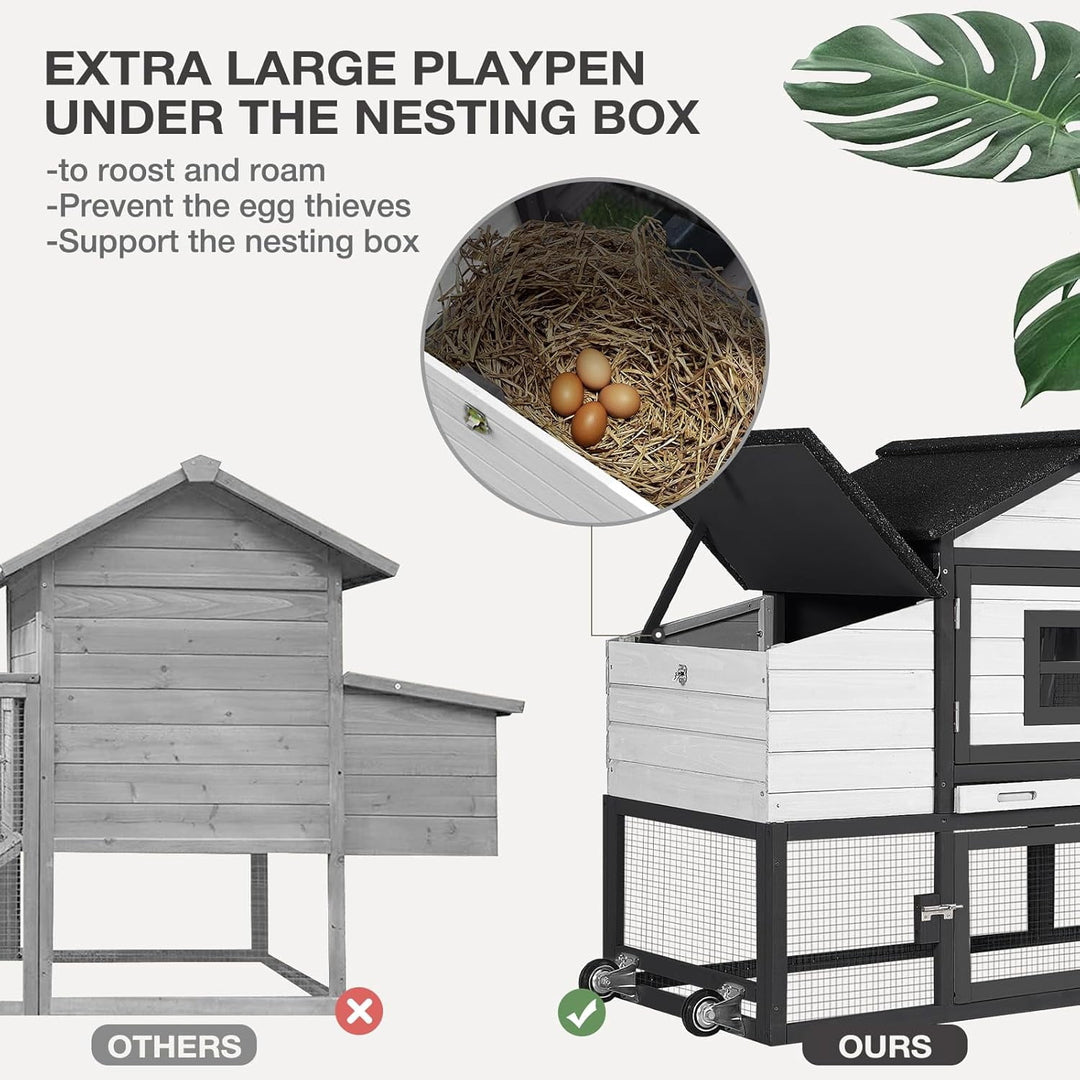 MEDEHOO Chicken Coop Expandable Chicken House for Outdoor with Wheels Nesting Box, Leakproof Pull-on Tray, and UV-Resistant Roof Panel - Black&amp;White