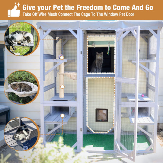 MEDEHOO 62.6" Walk-in Outdoor Catio, Large 4-Tier Wooden Cat Enclosure with 7 Climbing Platforms &amp; 2 Resting Houses, Window Cat House for Multiple Cats