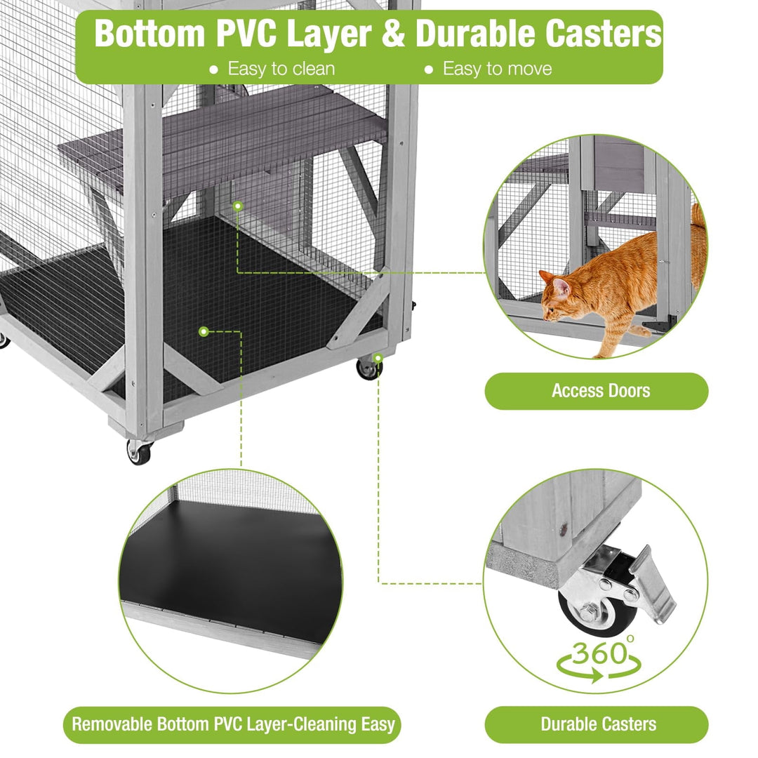 MEDEHOO Catio Outdoor Cat Enclosure on Wheels, Outdoor Cat House with Resting Box, PVC Layer, Waterproof Roof, 62.5" AIR22-M-L-WM