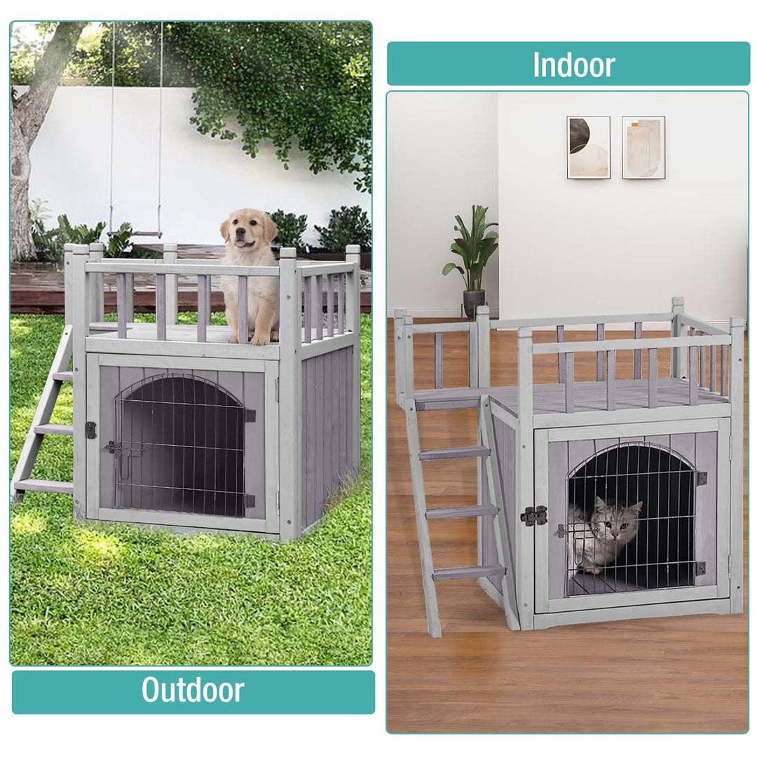 MEDEHOO Wooden Cat House Outdoor Kitty Shelter Pet Houses with Stairs, 2 Storys