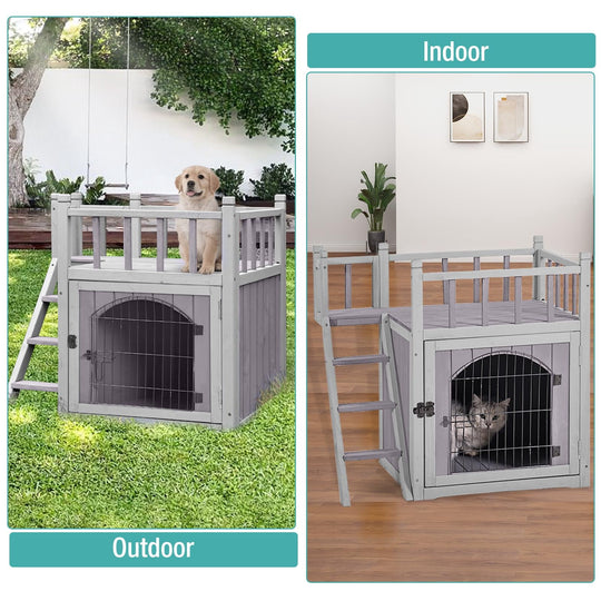 MEDEHOO Wooden Cat House Outdoor Kitty Shelter Pet Houses with Stairs, 2 Storys