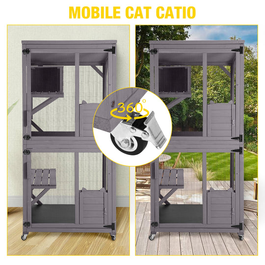 MEDEHOO Catio Outdoor Cat Enclosure with Wheels, Scratching Post, Resting Box and Waterproof Roof for Patio or Garden, 31.5"L x 31.5"W x 70.9"H AIR22-A11-WM