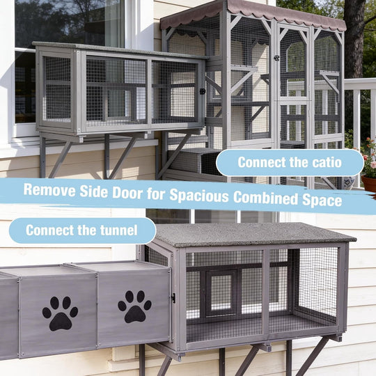MEDEHOO Cat Window Box Attach to Window Catio Outdoor Cat Enclosure with Weatherproof Roof PVC Door Outside Wooden Cat Window Perch for Indoor Cats CO7016-9DML-WM