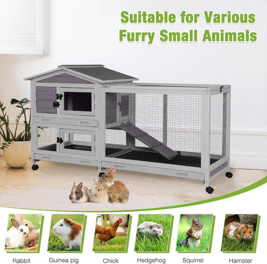 MEDEHOO 2-Story Rabbit Hutch Indoor Large Bunny Cage with Chew-Proof Ramp - Wooden Rabbit Cage Outdoor with 6 Lockable Caster Wheels &amp; Dual Pull-Out Trays for Rabbits, 62"L x 22.6"W x 33.5"H (Grey) AIR19-G-MAR-WM