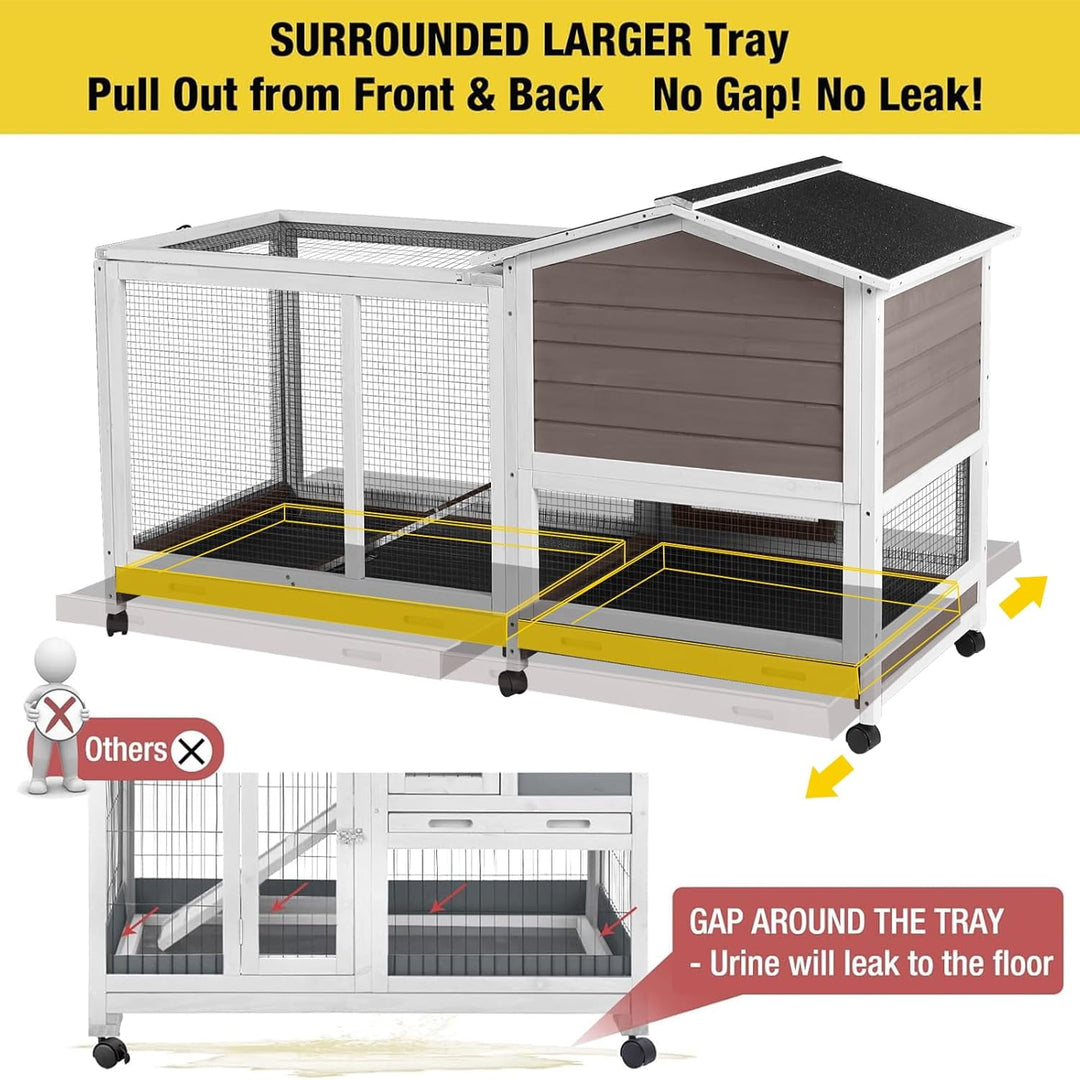 MEDEHOO Rabbit Hutch Wooden Bunny Cage Indoor Outdoor Guinea Pig Cage on Wheels Large AIR19-B-WM