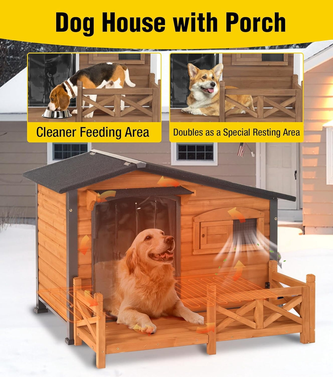 MEDEHOO 44.6" Large Outdoor Heated Dog House XL Insulated Dog Kennel with Safe Heating Pad, Chew-Proof Metal Frame, 6-Sided Thermal Liner for Large Dog Breeds, Brown