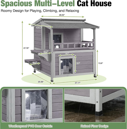 MEDEHOO Heated Outdoor Cat House with Insulated Liner 2-Story Extra Large Weatherproof Feral Cat Shelter with Heating Pad Elevated Base for Outdoor Cats Winter