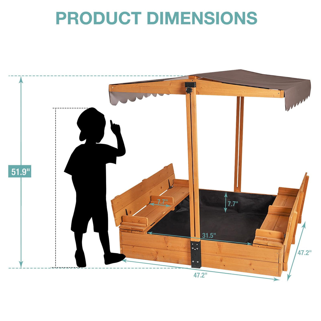 MEDEHOO Large Wooden Kids Sand Box with Cover, Sandbox with Lid Foldable Beench Seats, Sand Boxes for Backyard Garden, Beach Patio Outdoor COL05-A11-WM