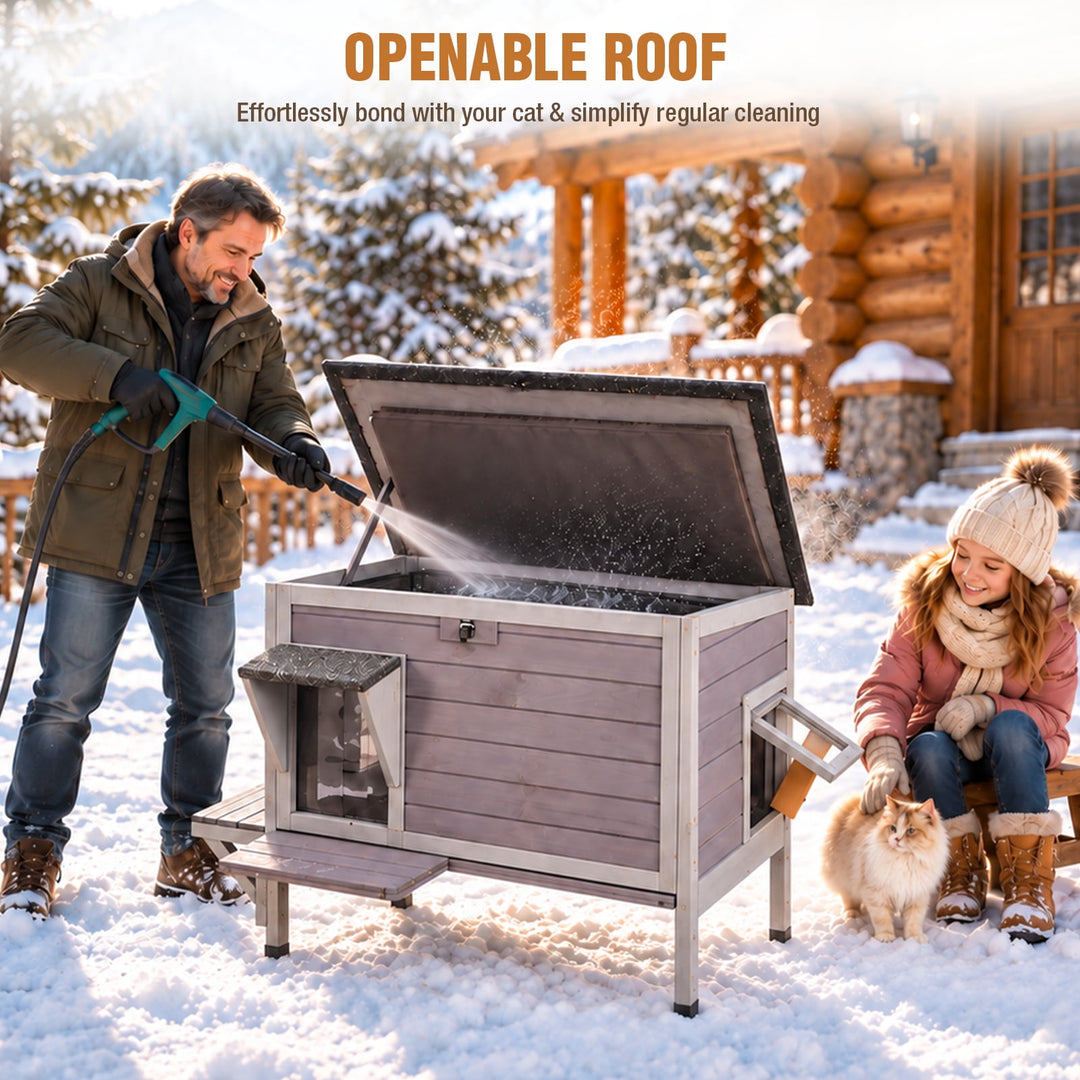 MEDEHOO Large Heated Cat House with Heating Pad Insulated Liner Escape Door Weatherproof Outdoor Feral Cat Shelter for Outside Gray AIR91-G-HP-WFS-ML