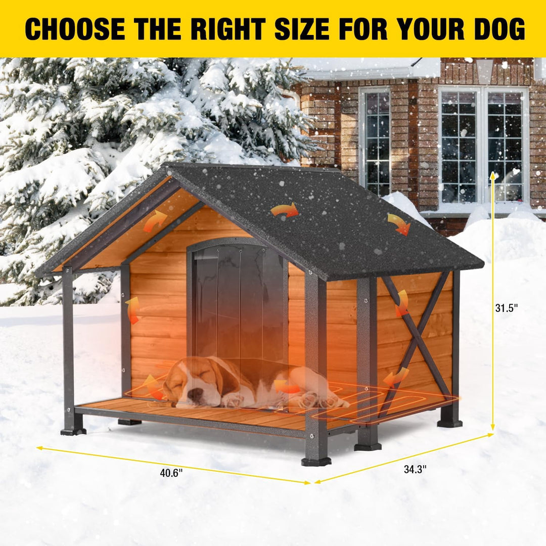 MEDEHOO Heated Outdoor Dog House - Weatherproof Insulated Wooden Shelter with Iron Frame, Large Porch for Medium &amp; Large Dogs, Indoor/Outdoor Kennel