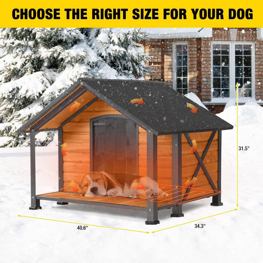 MEDEHOO Heated Outdoor Dog House - Weatherproof Insulated Wooden Shelter with Iron Frame, Large Porch for Medium &amp; Large Dogs, Indoor/Outdoor Kennel