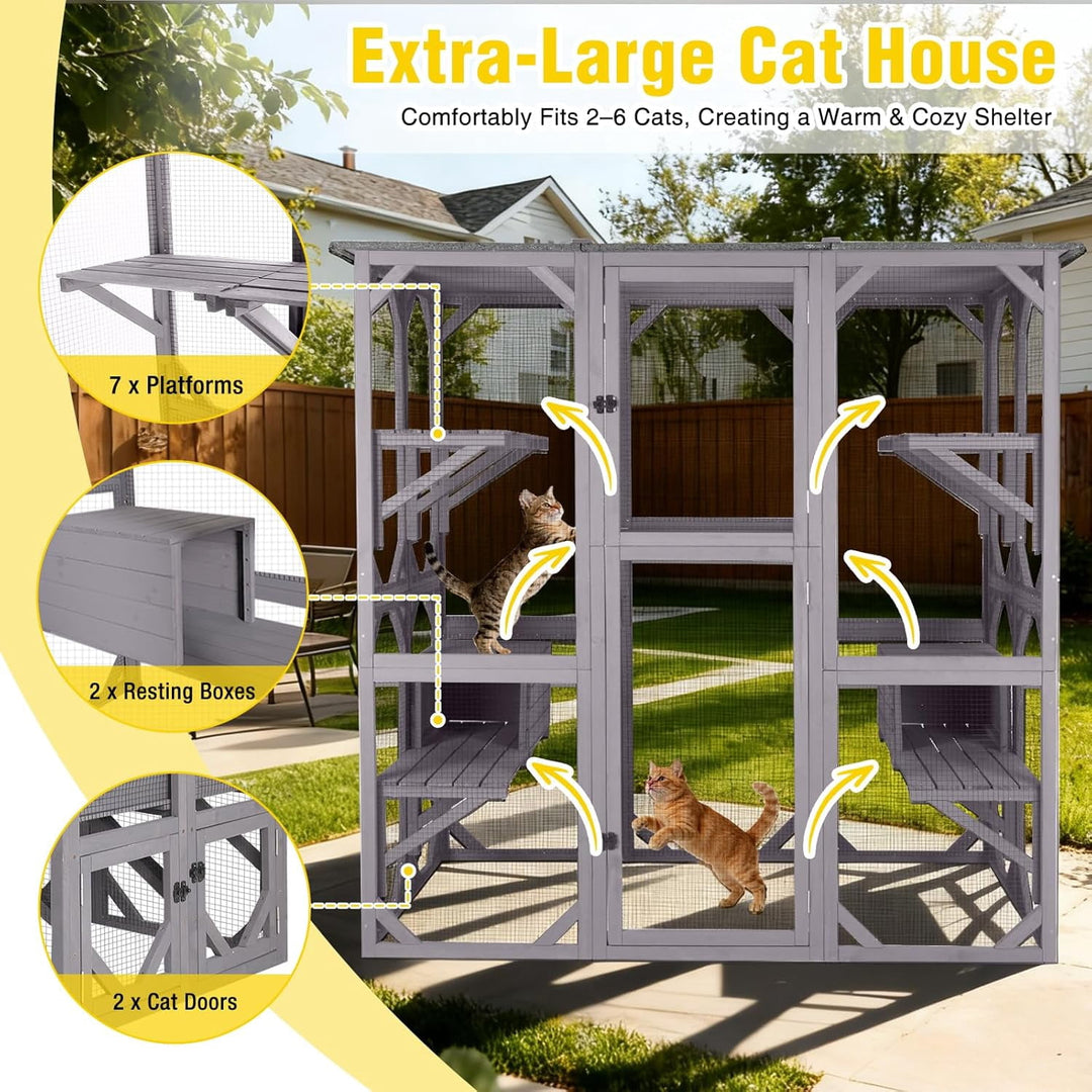MEDEHOO Catio Outdoor Cat Enclosure Extra Large Window Cat House for Outdoor Cats Walk-in Kitty Cage with 7 Platforms Weatherproof Feral Cat Shelter