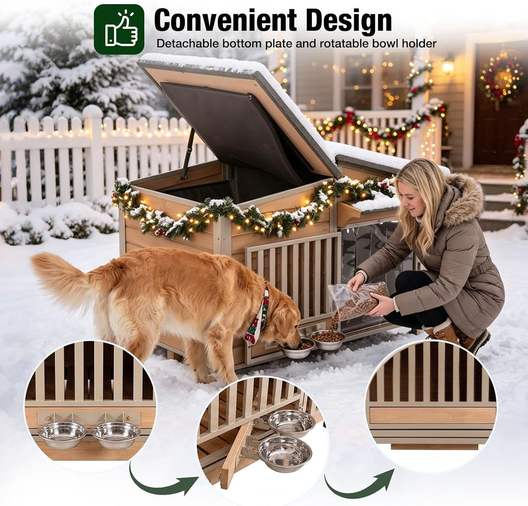MEDEHOO 44" Heated Dog House with Heavy-Duty Steel Frame, Heated Pad and 6-Sided Insulation, Outdoor Dog Shelter AIR7021-B-IN-HP-WM
