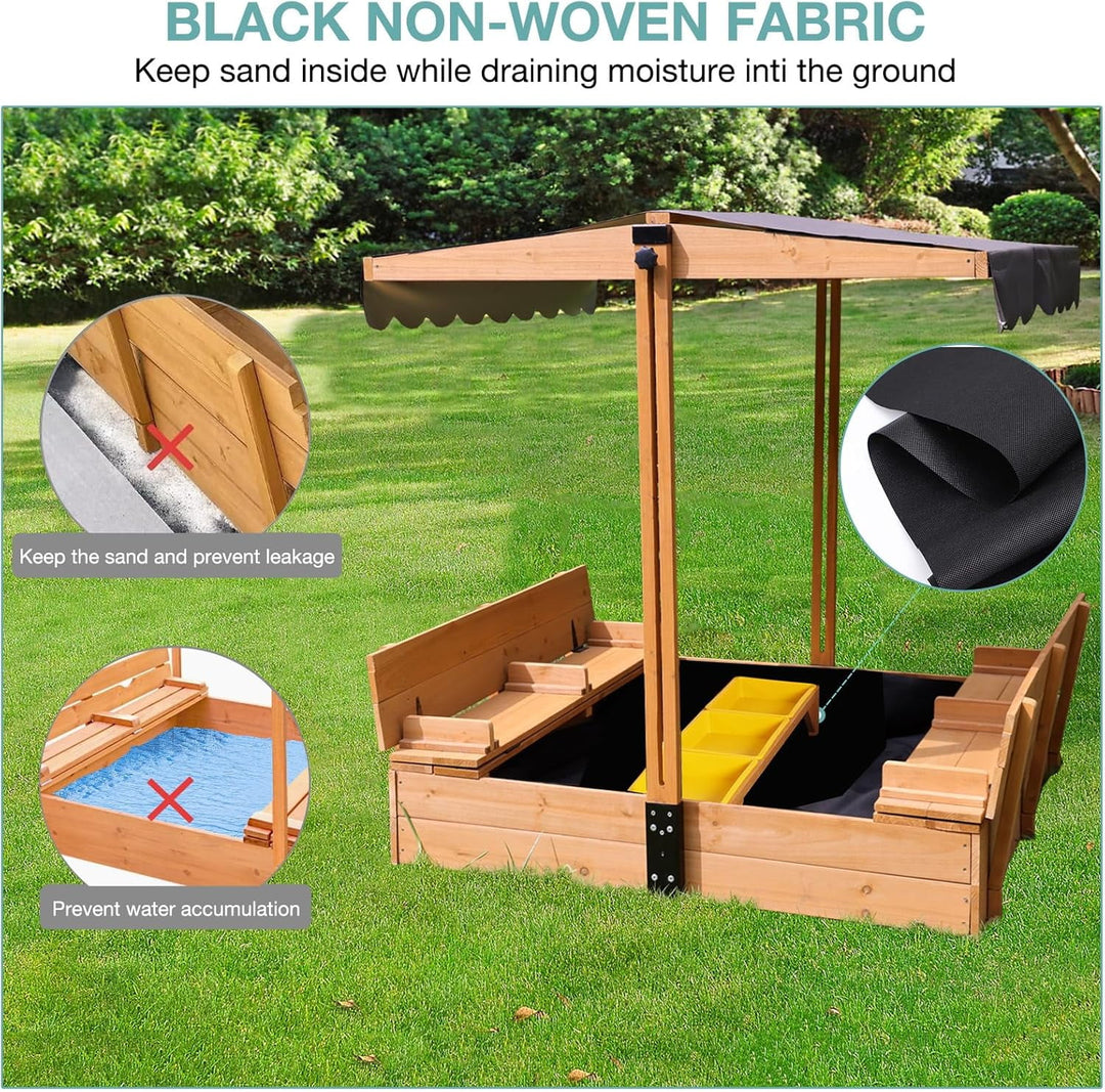 MEDEHOO Large Wooden Kids Sand Box with Cover, Sandbox with Lid Foldable Beench Seats, Sand Boxes for Backyard Garden, Beach Patio Outdoor COL08-A11-WM
