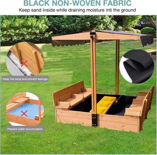 MEDEHOO Large Wooden Kids Sand Box with Cover, Sandbox with Lid Foldable Beench Seats, Sand Boxes for Backyard Garden, Beach Patio Outdoor COL08-A11-WM