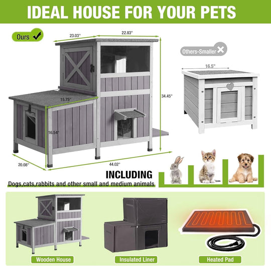 MEDEHOO Heated Cat House Outdoor Insulated Cat Cage with Heating Pad for Winter, Feral Kitty Shelter Waterproof Roof,23" D x 44" W x 34.5" H