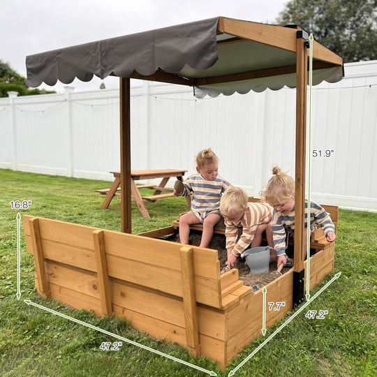 Sandbox with Lid and Cover for Kids Outdoor with 2 Foldable Bench Seats, Adjustable Canopy and Sand Protection Liner, 47.2" L x 47.2" W x 51.9" H GUT05-N
