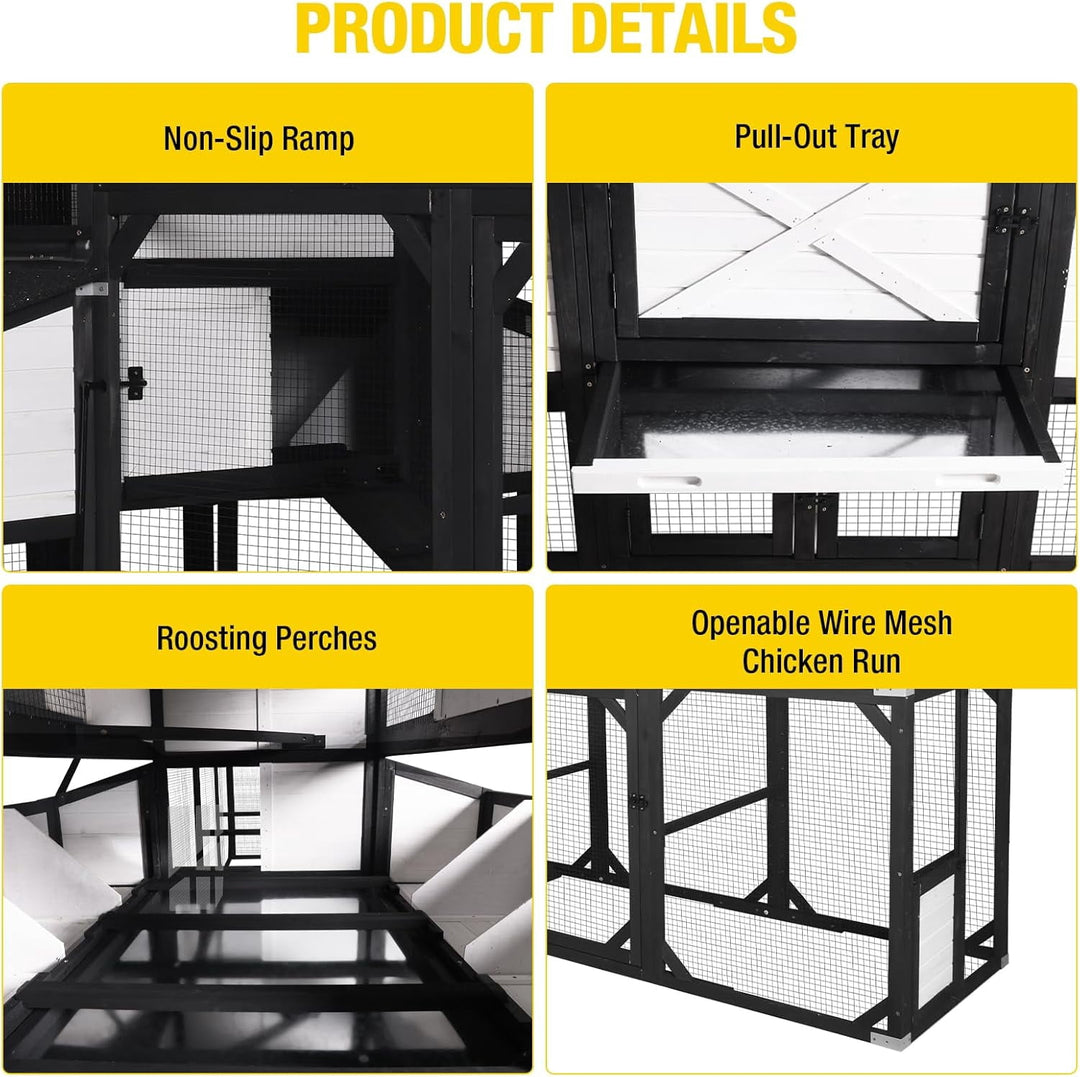 MEDEHOO Extra Large Chicken Coop for 8-10 Chickens, Reinforced Outdoor Wooden Hen House with Run, 6 Nesting Boxes, Easy Clean Pull-Out Tray, Waterproof Asphalt Roof - Black, 118" L x 26" W x 50" H