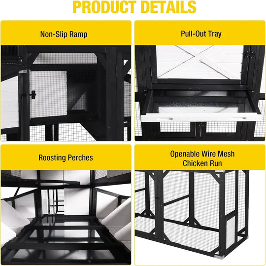 MEDEHOO Extra Large Chicken Coop for 8-10 Chickens, Reinforced Outdoor Wooden Hen House with Run, 6 Nesting Boxes, Easy Clean Pull-Out Tray, Waterproof Asphalt Roof - Black, 118" L x 26" W x 50" H