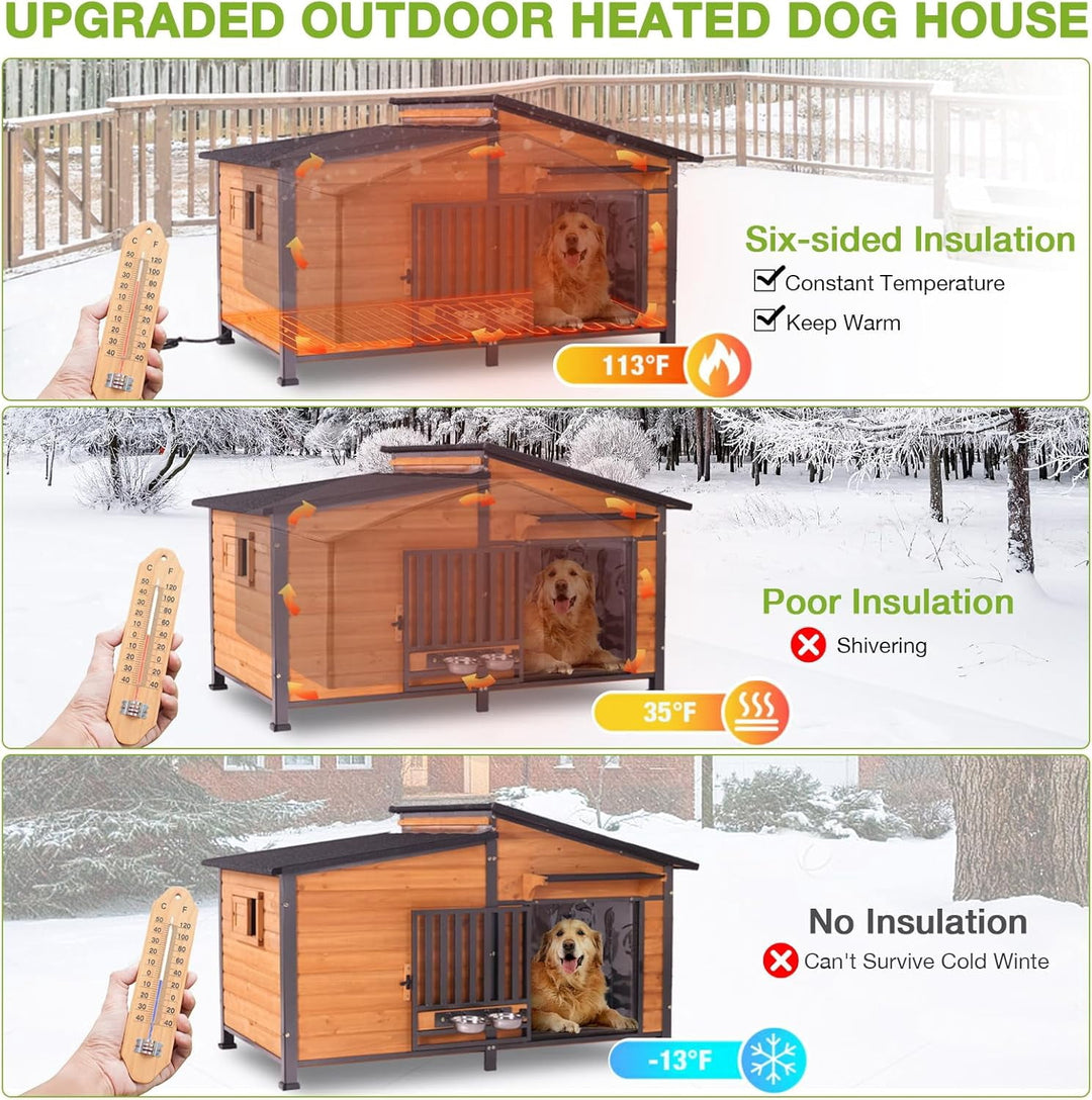 MEDEHOO 60’’ Extra Large Heated Outdoor Dog House for Large Breed, Insulated Dog Kennel with Wider and Thicker Metal Frame, Weatherproof Dog Shelter with Thermostatic Heating Pad for Winter DH7021-L-IN-HP-2DML-WM
