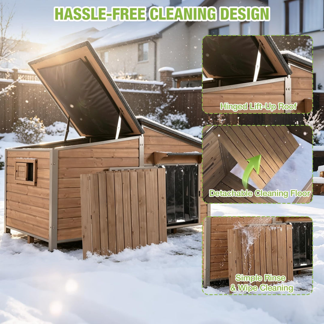 MEDEHOO Extra Large Heated Dog House Insulated Dog Shelter Weatherproof Dog Kennel with Heating Pad, Chew-Proof Metal Frame, 6-Sided Thermal Liner for Large Dog Breeds (Camel)