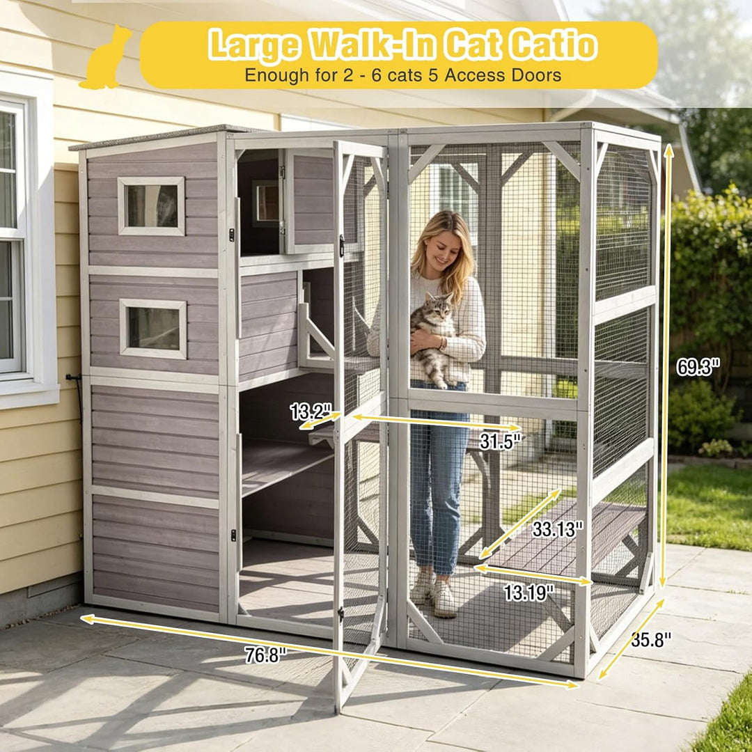 Catio Cat Enclosure Large Window Cat House for Outdoor Cats, 69.3" H Walk-in Kitty Cage Cat House with Weatherproof Roof, 3 Resting Rooms, 3 Platforms &amp; Windows - Grey AIR54-M