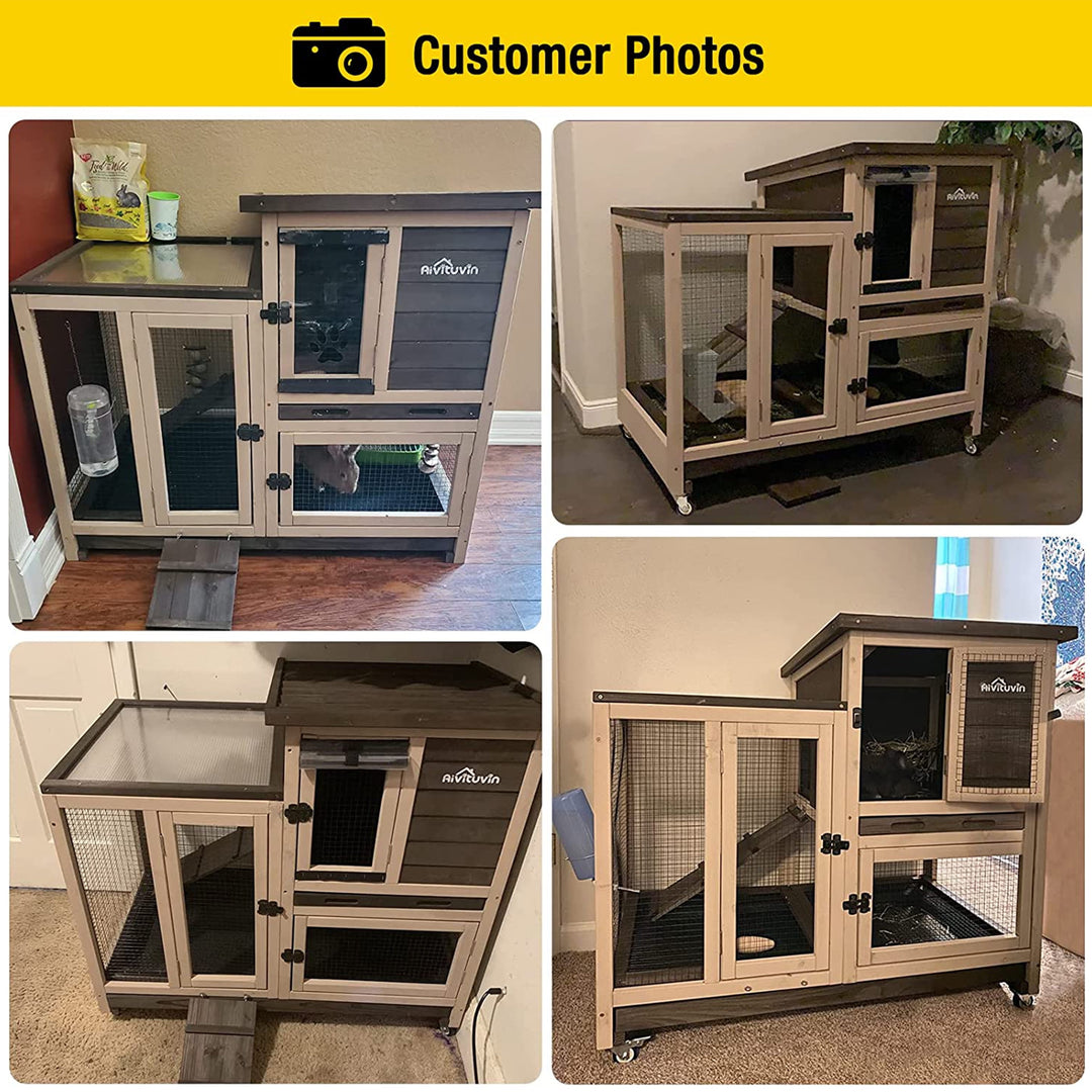 MEDEHOO Wooden Rabbit Hutch with Two Slide Tray Outdoor Bunny Cage Indoor Guinea Pig Habitat - Coffee