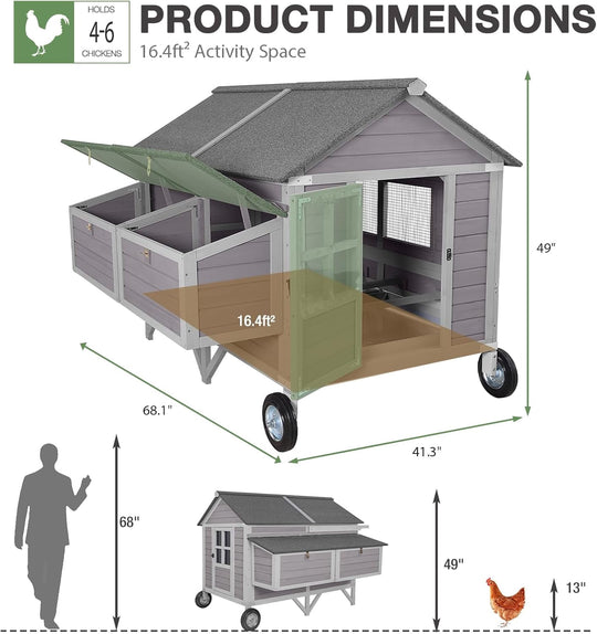 MEDEHOO 68.1" Extra Large Chicken Coop with Super Large Wheels, Mobile Hen House Poultry Cage with Strong Iron Frame, Outdoor Chicken House with 4 Nesting Boxes, 4 Perches for 6-8 Chickens MEDE-AIR97-MA-WM