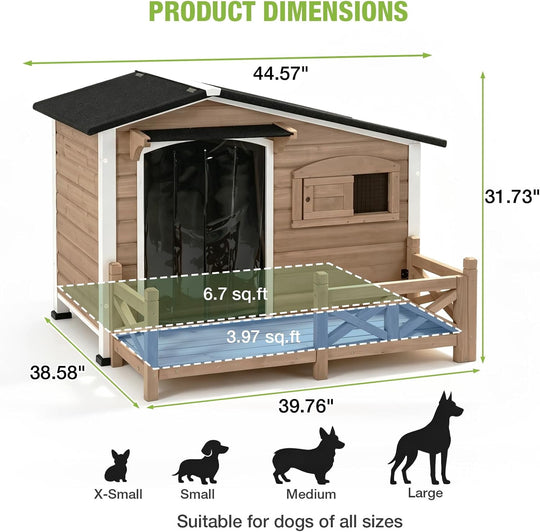 MEDEHOO 44.6" Large Dog House Outdoor Weatherproof Dog Kennel Shelter, Chew-Proof Full Metal Frame, Waterproof Openable Roof, Spacious Porch for Medium to Large Breeds, Light Brown