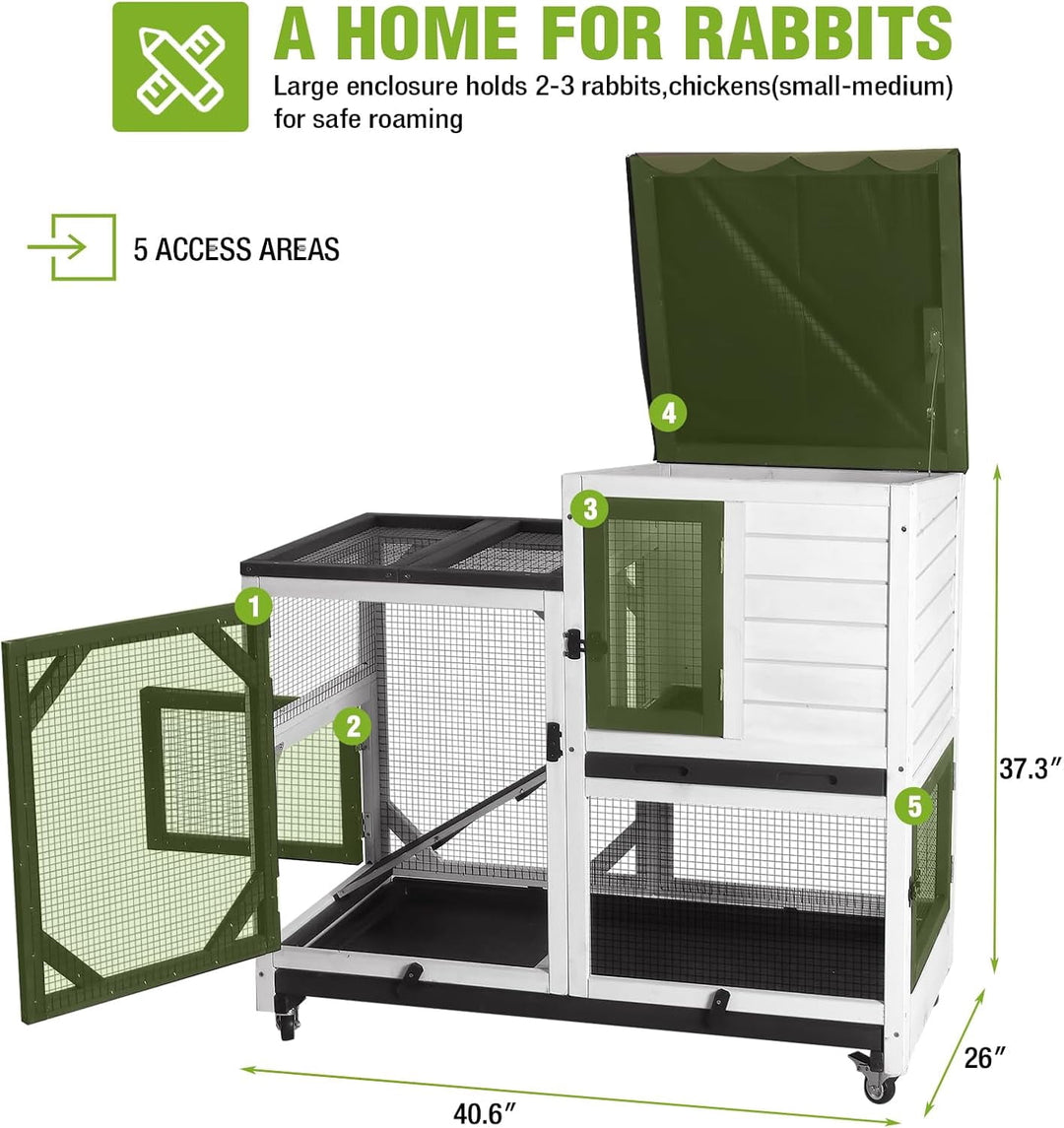 MEDEHOO Rabbit Hutch Indoor Rabbit Cage with Wheels Outdoor Bunny House 2 Story Guinea Pig Cage with Leakproof Tarp Roof Black