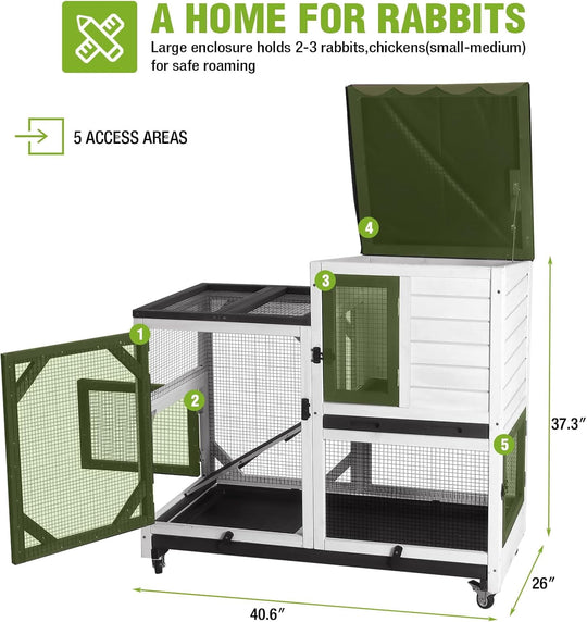 MEDEHOO Rabbit Hutch Indoor Rabbit Cage with Wheels Outdoor Bunny House 2 Story Guinea Pig Cage with Leakproof Tarp Roof Black