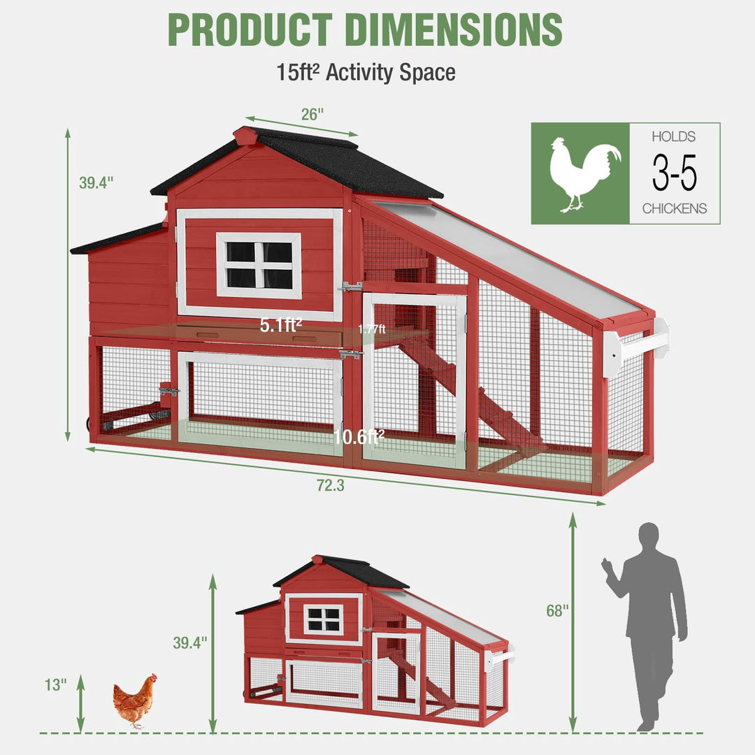 MEDEHOO Mobile Chicken Coop with Wheels for 2-4 Chickens, Backyard Expandable Chicken House Duck Cage with Run, 2 Nesting Boxes, Easy Clean Pull-Out Tray, Leak-Resistant Asphalt Roof, 72.3" SAIR23-R-WM
