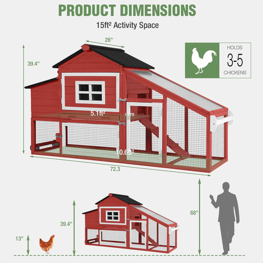 MEDEHOO Mobile Chicken Coop with Wheels for 2-4 Chickens, Backyard Expandable Chicken House Duck Cage with Run, 2 Nesting Boxes, Easy Clean Pull-Out Tray, Leak-Resistant Asphalt Roof, 72.3" SAIR23-R-WM