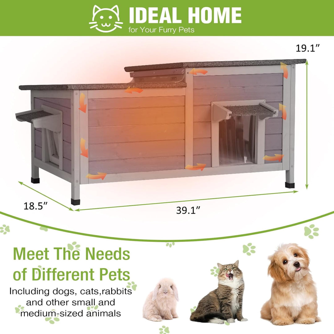 MEDEHOO 39.1" Cat House Outdoor Feral Cat Shelter Weatherproof Cat Condo for Winter 2 Rooms