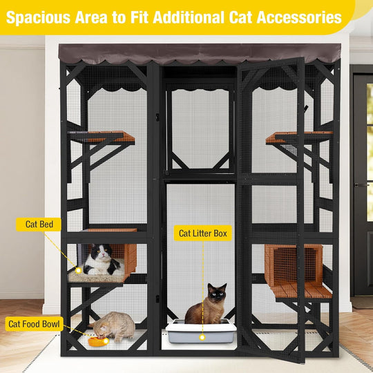 MEDEHOO Catio Outdoor Cat Enclosure Large Wooden Cat Cage Condo Playpen for Multiple Cats Waterproof Cover for Indoor Outdoor (Black)