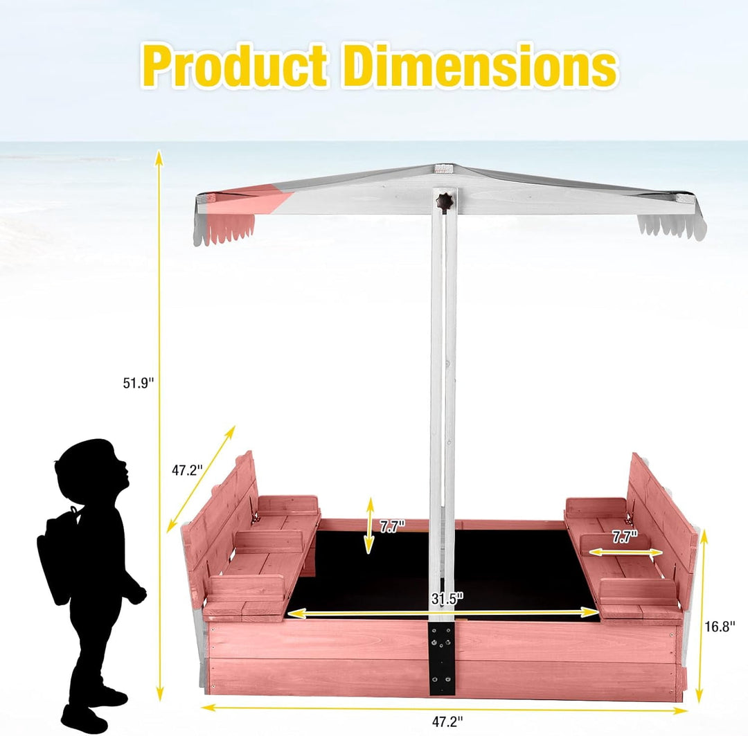 MEDEHOO Sandbox with Cover,Large Wooden Sand Box with lids Foldable Beench Seats,Sand Boxes for Backyard Garden, Beach Patio Outdoor GUT05-P-A12-WM2