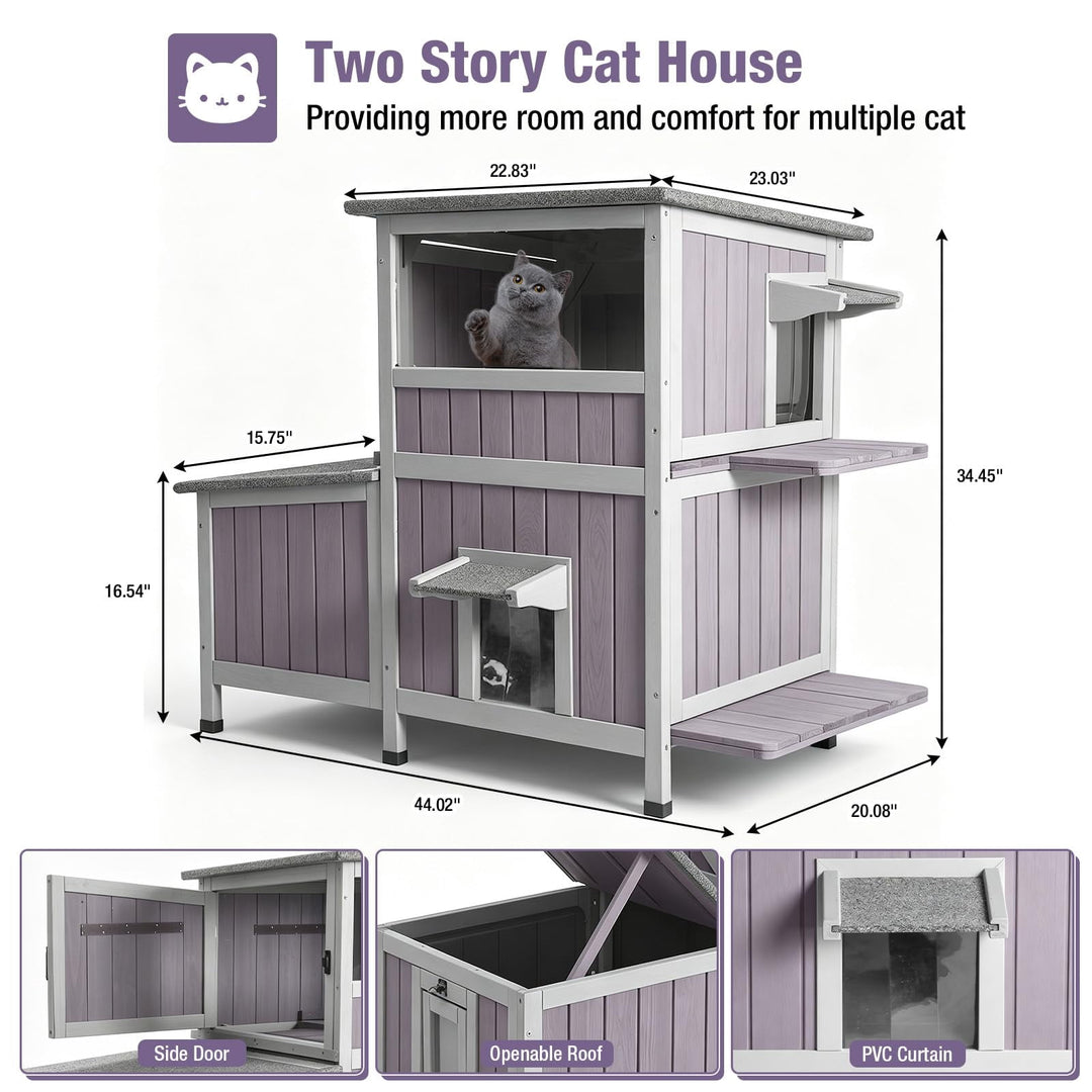 MEDEHOO Outdoor Cat House for Winter, 2-Story Wooden Feral Cat Shelter with Waterproof Roof Escape Door and Elevated Base to Keep Multiple Cats Warm