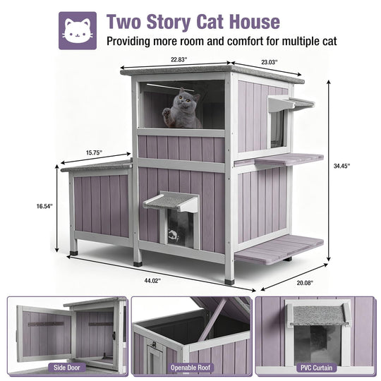 MEDEHOO Outdoor Cat House for Winter, 2-Story Wooden Feral Cat Shelter with Waterproof Roof Escape Door and Elevated Base to Keep Multiple Cats Warm