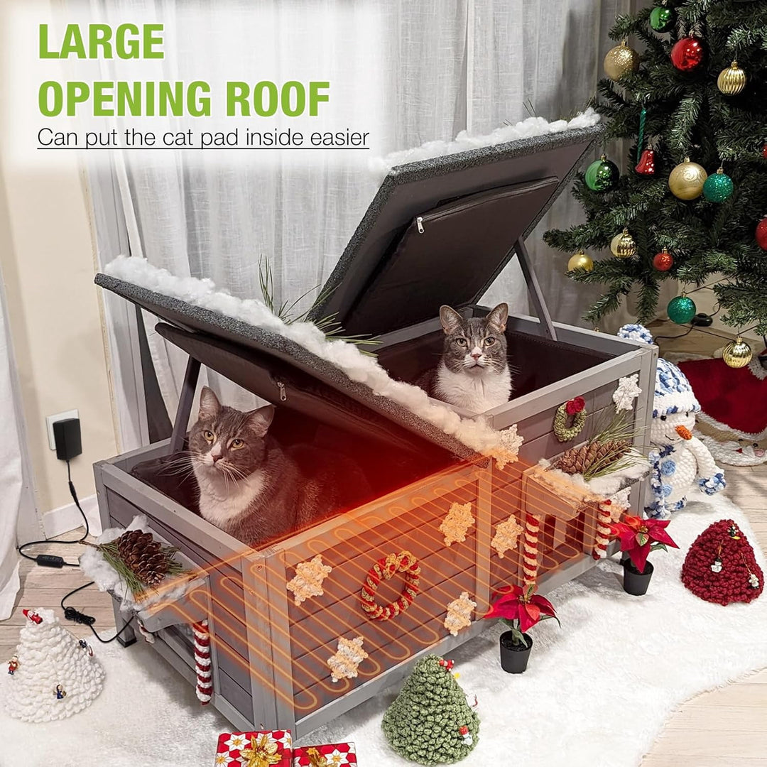 MEDEHOO Heated Cat House Outdoor Feral Kitty Shelter with Insulated &amp; Heated Liner Weatherproof Roof Cat Home for Winter,Roomly