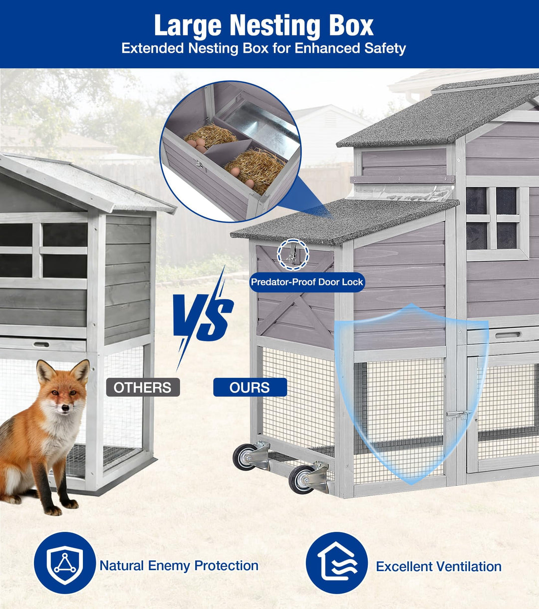 MEDEHOO Mobile Chicken Coop with Run, Large Wooden Chicken House with Wheels, Duplex Hen House with Nesting Box, Slide-Out Tray, Waterproof Roof, Accommodates 2-4 Chickens - Grey