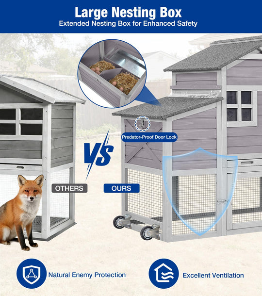 MEDEHOO Mobile Chicken Coop with Run, Large Wooden Chicken House with Wheels, Duplex Hen House with Nesting Box, Slide-Out Tray, Waterproof Roof, Accommodates 2-4 Chickens - Grey