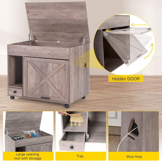 MEDEHOO Cat Litter Box Enclosure Cabinet,Flip Top Hidden Litter Box Furniture,Indoor Wooden Covered Cat House with Drawer,Wheels