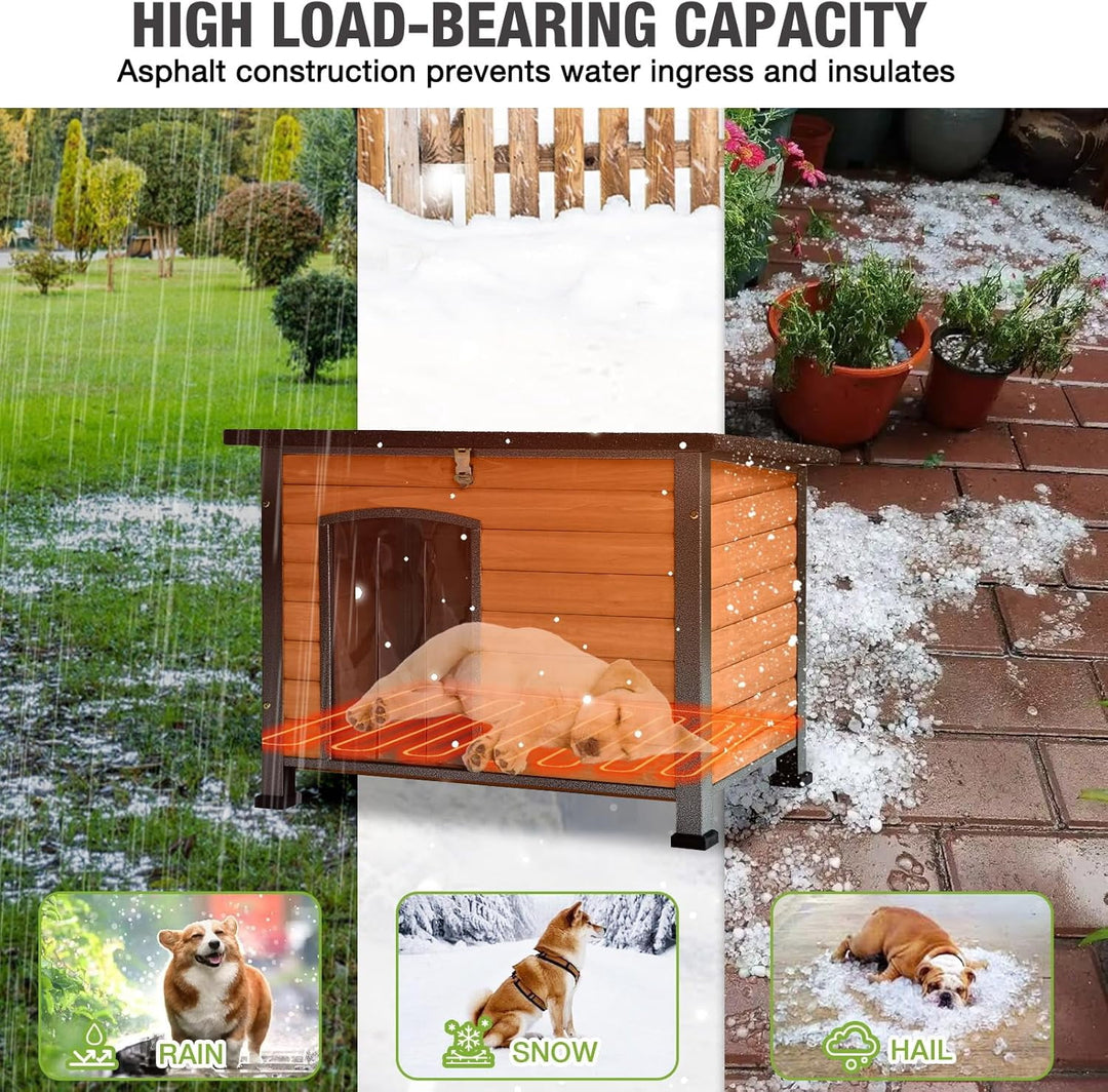 MEDEHOO 33.3’’ Heated Outdoor Dog House Weatherproof Insulated Dog Kennel with Metal Frame, Dog Shelter with Heating Pad, 6-Sided Insulated Liner and PVC Door Curtain for Winter (Brown) AIR74-IN-HP-4DML-WM