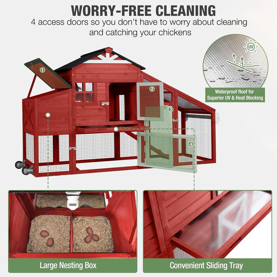 MEDEHOO Wooden Chicken Coop for 4 Chickens Mobile Chicken House on Wheels Expandable Poultry Cage with Large Nesting Box and Pull-Out Tray Red