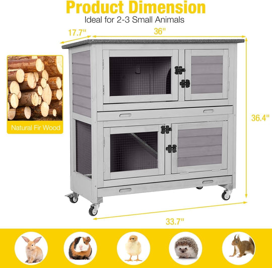 MEDEHOO 36" L Rabbit Hutch Indoor Bunny Cage Outdoor 2 Story Bunny Hutch with Weatheproof Roof Pull-Out Tray Ramp Large Guinea Pig Cage on Wheels