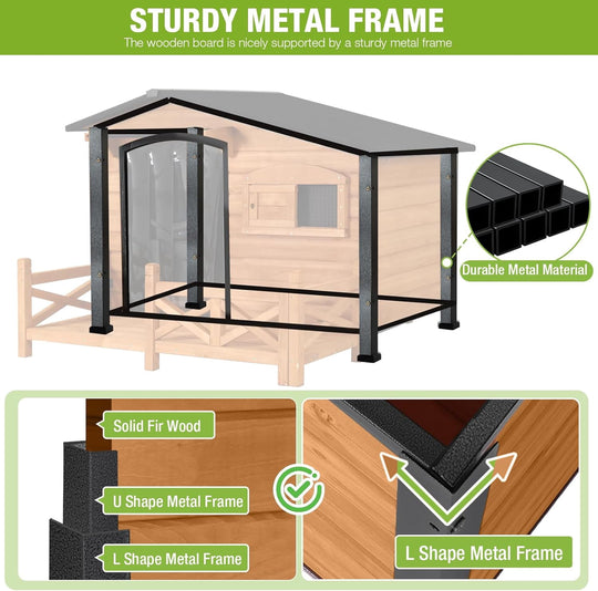 MEDEHOO Large Heated Dog House Outdoor Dog Kennel Safe Winter Shelter with Thermostat-Controlled Heating Pad, Chew-Proof Metal Frame and 6-Sided Insulated Liner for Small to Large Dogs (Brown)