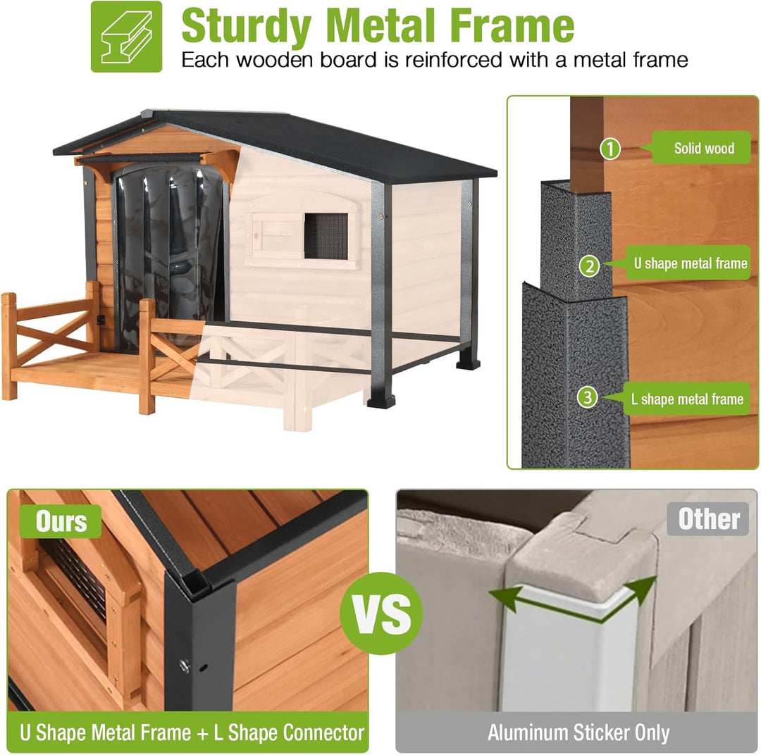 MEDEHOO Heated Dog House Outdoor Dog Kennel with Safe Heated Pad, Chew-Proof Metal Frame and Rotating Food Bowl for Small to Medium Dogs, 44.6" L x 41.1" W x 32.9“H (Brown)