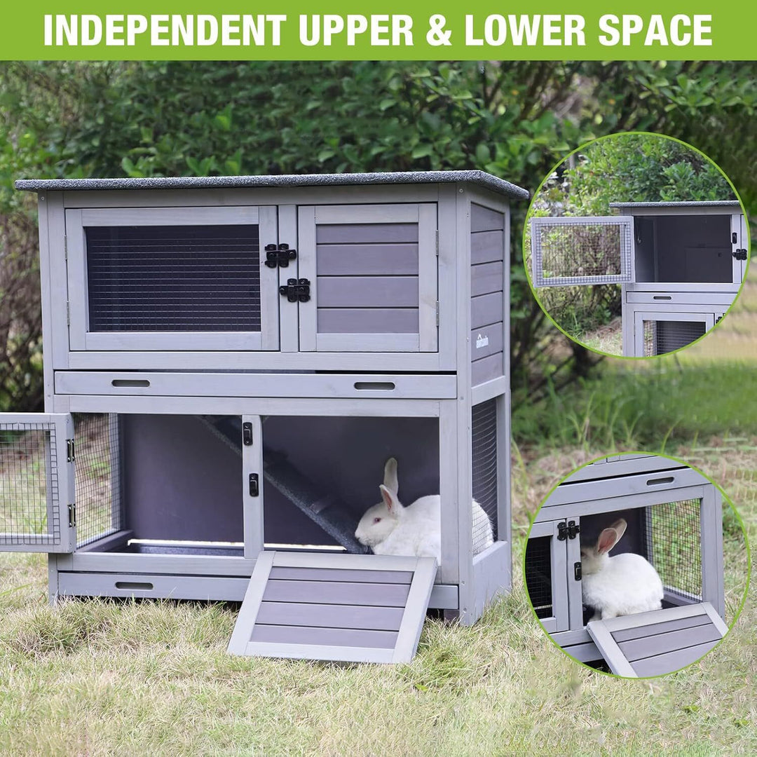 MEDEHOO Rabbit Hutch Bunny Cage, Guinea Pig Cage Bunny Hutch Indoor, Wood Pet Cage with 4 Casters -2 Story &amp; 2 Trays (Grey) AIR77-G-WM