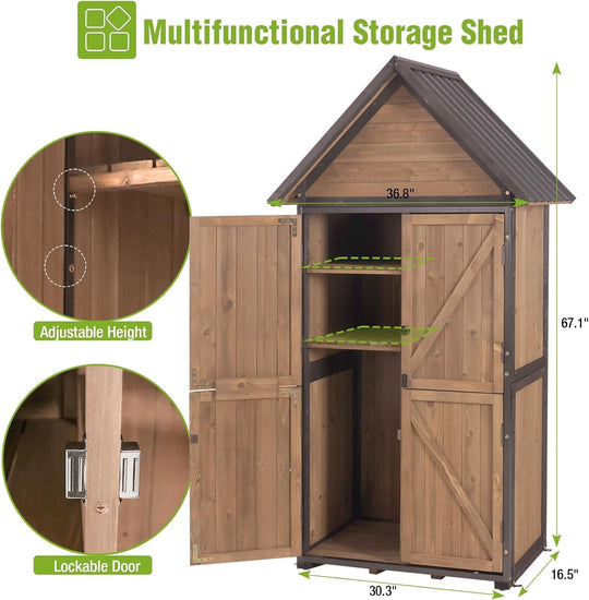 MEDEHOO Outdoor Storage Shed with All Around Strong Metal Frame, Garden Tool Sheds Cabinet with Floor &amp; Adjustable Shelves, Wooden Tool House for Backyard Garden Patio Lawn (Brown)